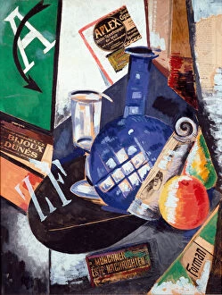 Alexandra Alexandrovna Exter Gallery: 'Still life with bottle and glass'(Collage and painting)