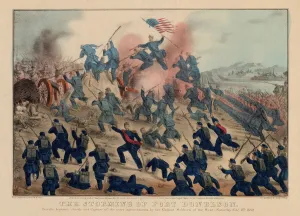 The storming of Fort Donelson, pub. by Currier & Ives, 1862 (colour litho) The storming of Fort Donelson, pub. by Currier & Ives, 1862 (colour litho)