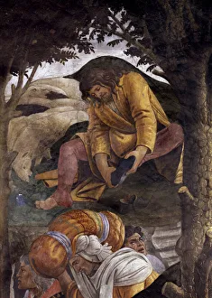 Story of the life of Moses. Detail of Moses putting on his shoes on his feet Story of the life of Moses. Detail of Moses putting on his shoes on his feet