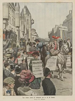 A strange procession of suffragettes through the streets of London (colour litho)