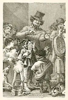 664726 Street musician, who mimics the notes of the common English birds (engraving) by English School, (19th century); Private Collection; (add.info.: Street musician, who mimics the notes of the common English birds by means of a folded bit of tin, which is held between the teeth; but in order to engage the attention of the credulous, he pretends to draw his tones from tobacco pipes. Illustration from Lives of Famous London Beggars by John Thomas Smith (Diprose and Bateman, c 1890).); © Look and Learn; English, out of copyright Street musician, who mimics the notes of the common English birds (engraving)
