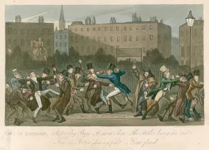 A street row - Tom and Jerry showing fight and Logic floored (coloured engraving) A street row - Tom and Jerry showing fight and Logic floored (coloured engraving)
