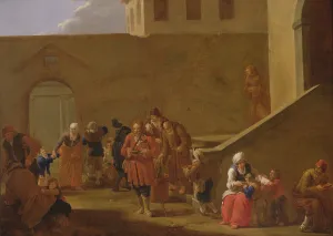 Street scene with monks distributing food to the poor (oil on silvered copper) Street scene with monks distributing food to the poor (oil on silvered copper)