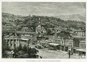 A street in Wellington. Engraving by H.Clerget, to illustrate the story Voyage a la Nouvelle Zelande, in 1889, by G