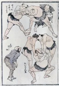 Studies of gestures and postures of wrestlers, from a Manga (colour woodblock print) Studies of gestures and postures of wrestlers, from a Manga (colour woodblock print)