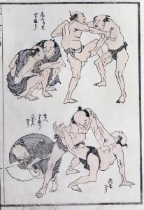 Studies of gestures and postures of wrestlers, from a Manga (colour woodblock print) Studies of gestures and postures of wrestlers, from a Manga (colour woodblock print)