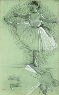 Study of a Dancer; Etudes de Danseuse, (black and white chalks on green paper squared for