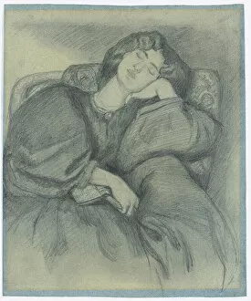 Arm Resting Collection: Study of Jane Morris Asleep in an Upholstered Armchair, (pencil on blue paper)