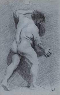 Muscular Gallery: Study of a male nude posed against a wall, seen in profile