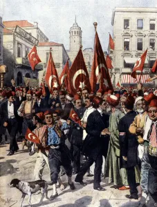 Sultan Abdulhamid II proclaims the constitution: a joyful demonstration in Constantinople Sultan Abdulhamid II proclaims the constitution: a joyful demonstration in Constantinople