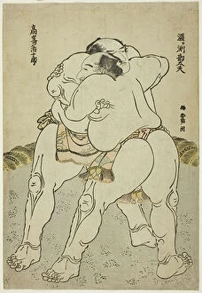 Hokusai Gallery: The Sumo Wrestlers Uzugafuchi Kandayu and Takasaki Ichijuro, 1783-84 (colour woodblock print; aiban)