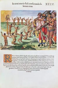 Sun worshipping ritual with an offering of a deer, from Brevis Narratio' Sun worshipping ritual with an offering of a deer, from Brevis Narratio'