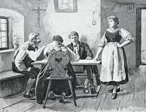 Sunday afternoon in the room of a farmhouse in Austria, woman in dirndl, men at the table