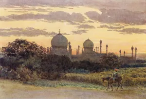 Sunset behind the Ibrahim Roza, Bijapur (colour litho) Sunset behind the Ibrahim Roza, Bijapur (colour litho)