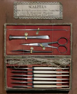 CHT184351 Surgical instruments used by Doctor Antommarchi for the dissection of Emperor Napoleon I (1769-1821) by French School, (19th century); Musee d'Histoire de la Medecine, Paris, France; (add.info.: Instruments de chirurgie utilises pour la dissection de Napoleon Bonaparte;); A© Archives Charmet; French, out of copyright Surgical instruments used by Doctor Antommarchi for the dissection of Emperor Napoleon I