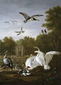 Swans, ducks and other birds in a park (oil on canvas) Swans, ducks and other birds in a park (oil on canvas)