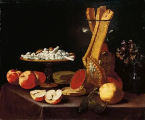Sweets on a tazza, narcissi in a glass vase, breadsticks in a jar, and apples Sweets on a tazza, narcissi in a glass vase, breadsticks in a jar, and apples