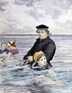 Swimming lesson - drawing by Adrien Marie (1848 - 1891), late 19th century Swimming lesson - drawing by Adrien Marie (1848 - 1891), late 19th century