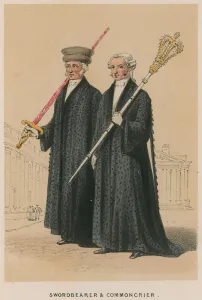 Swordbearer and Commoncrier (coloured engraving) Swordbearer and Commoncrier (coloured engraving)