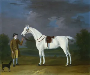 Tabby Runt, a grey hunter with his owner and a terrier in a river landscape Tabby Runt, a grey hunter with his owner and a terrier in a river landscape