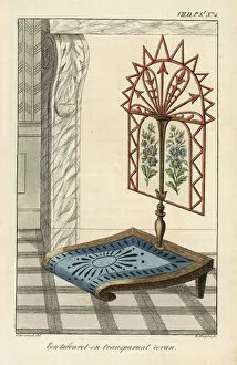 Kindling Gallery: A tabouret or low stool with transparent screen decorated with embroidered flowers