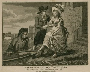 Taking water for Vauxhall - be cautious my love... don't expose your leg (engraving) Taking water for Vauxhall - be cautious my love... don't expose your leg (engraving)