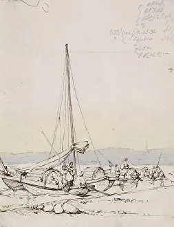 Tanka Boats on the Shore, (pen and brown ink, light brown and blue wash) Tanka Boats on the Shore, (pen and brown ink, light brown and blue wash)