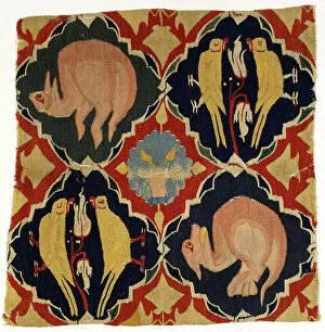 Northern Renaissance Collection: Tapestry fragment depicting birds and beasts, from Franconia or Upper Rhine, 1300-1350 (wool)