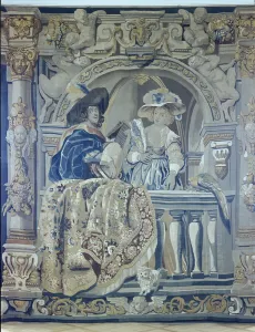 Tapestry with a lady and cavalier on a balcony (textile) Tapestry with a lady and cavalier on a balcony (textile)