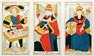 Three tarot cards depicting The Magician, The High Priestess and The Empress