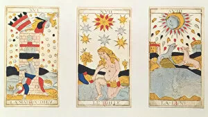 Letoile Gallery: Three tarot cards depicting The Tower, The Star and The Moon (coloured wood engraving)