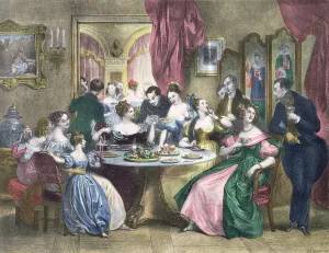 Tea in high society in France, c. 1840 (colour litho) Tea in high society in France, c. 1840 (colour litho)