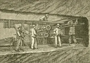 Civil Engineering History Prints: Boring rock in construction of tunnel in England. 19th century (engraving)