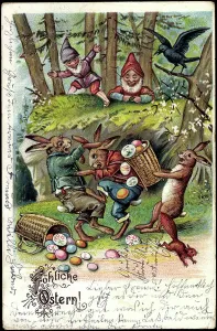 Easter Egg Hunt Postcard Prints: Congratulations Easter, Easter bunnies fighting for Easter eggs