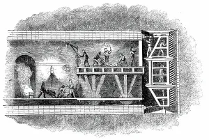 Isambard Kingdom Brunel Engineer Prints: Section of Thames Tunnel (1825-1843) showing men at work in shield (right) while others take away spoil