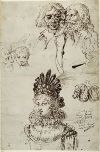 The Temple of Love, Indamora's Headdess and Sketches of Heads, 1635 (ink on paper) The Temple of Love, Indamora's Headdess and Sketches of Heads, 1635 (ink on paper)
