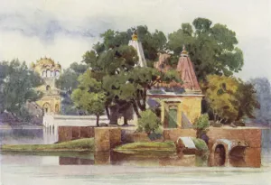 A Temple in the Tank at Thanesar (colour litho) A Temple in the Tank at Thanesar (colour litho)