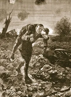 Temporary Lieutenant G. St. G. S. Cather bringing in a wounded man in full view of Temporary Lieutenant G. St. G. S. Cather bringing in a wounded man in full view of
