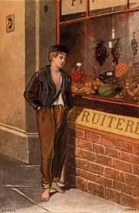 Temptation: poor young man looking into a shop window at tropical fruits (chromolitho) Temptation: poor young man looking into a shop window at tropical fruits (chromolitho)