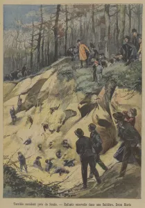 Terrible accident in a sand quarry near Senlis, France (colour litho) Terrible accident in a sand quarry near Senlis, France (colour litho)