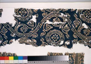 Textile fragment with lotus vines, medallions, rosettes, and inscription Textile fragment with lotus vines, medallions, rosettes, and inscription