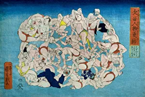 6372056 Textile Pattern of People to Stop You from Yawning (Akubu-dome jinbutsu sarasa) by Kuniyoshi, Utagawa (1798-1861); (add.info.: Utagawa Kuniyoshi 1798-1861. Textile Pattern of People to Stop You from Yawning (Akubu-dome jinbutsu sarasa). Using Fourteen Bodies It Looks Like Thirty-five People (JA«yo-nin no karda nite sanjA«go-nin ni myuru). about 1842. horizontal Aban. 26 x 38.); Molteni & Motta/UIG; Japanese, out of copyright Textile Pattern of People to Stop You from Yawning (Akubu-dome jinbutsu sarasa)