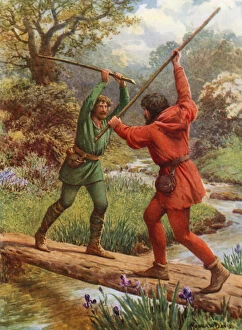 'The Fight Between Robin Hood and Little John' (colour litho)