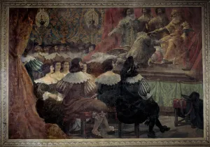 A theatrical representation in the 17th century at the Chateau de Grosbois Painting by A theatrical representation in the 17th century at the Chateau de Grosbois Painting by