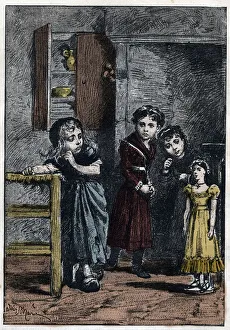 Thenardier's two daughters, Eponine and Azelma, look at Cosette who received the doll Thenardier's two daughters, Eponine and Azelma, look at Cosette who received the doll