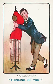 Thinking of you: lovesick man embracing a shop dummy (colour litho)