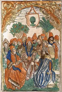 Thirteen scholars in a garden setting, 1485 (hand-coloured woodcut) Thirteen scholars in a garden setting, 1485 (hand-coloured woodcut)