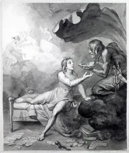 Thomas Chatterton receives a bowl of poison from Despair (pen, ink & wash on paper) Thomas Chatterton receives a bowl of poison from Despair (pen, ink & wash on paper)