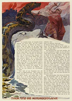 Thor battling the Midgard Serpent at the battle of Ragnarok (colour litho) Thor battling the Midgard Serpent at the battle of Ragnarok (colour litho)