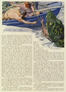 Thor and Hymir fishing for the Midgard Serpent (colour litho) Thor and Hymir fishing for the Midgard Serpent (colour litho)
